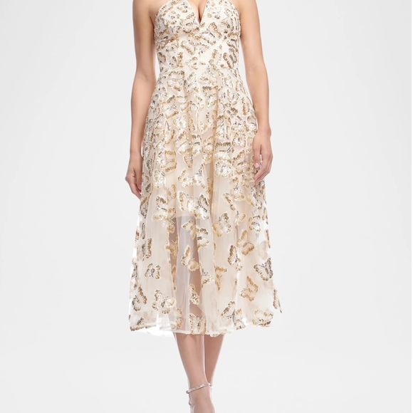 Dress the Population Cream Halter A-line Midi Dress